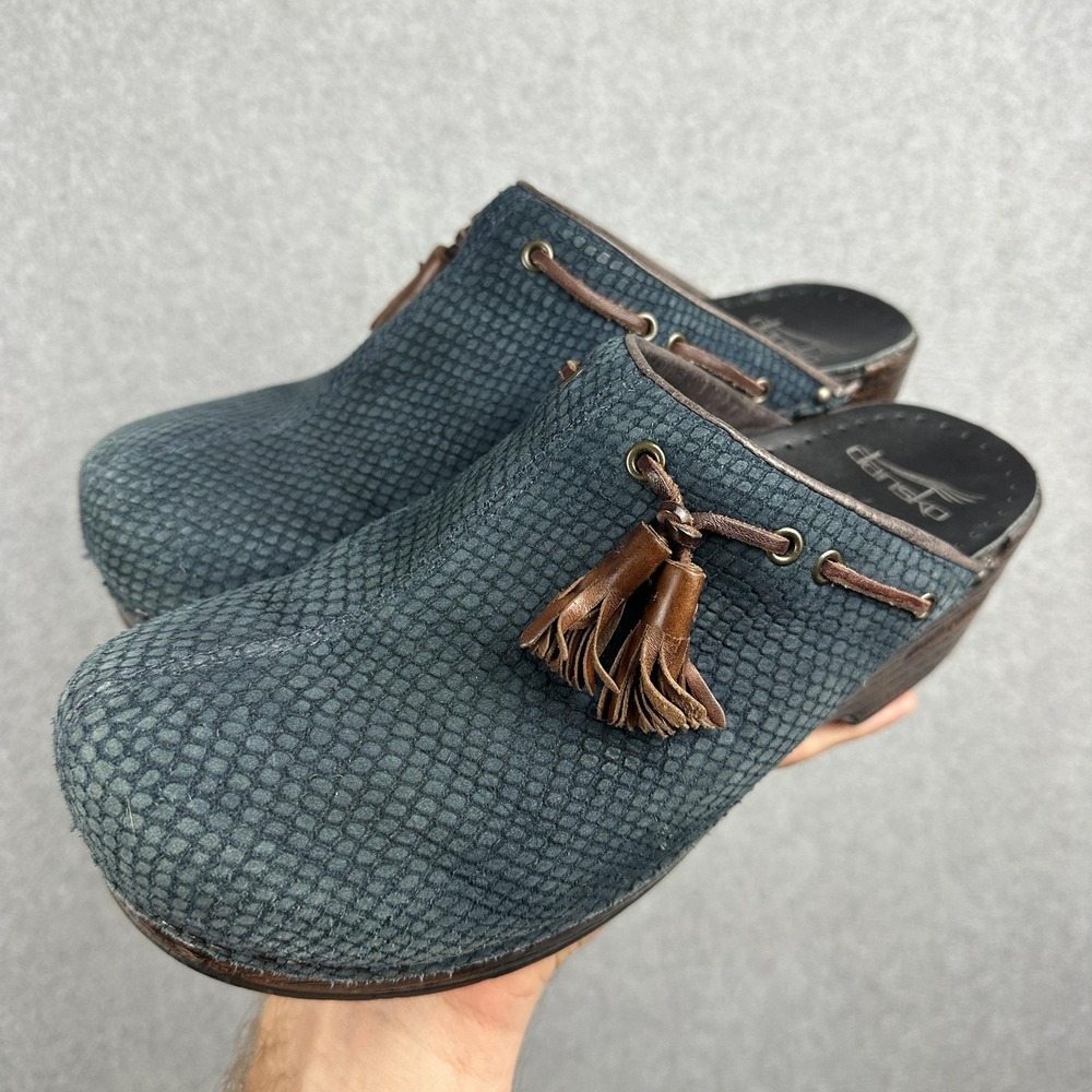Dansko Shoes Womens Size 9.5 Blue Leather Tassel Clog Mule Slip On 178555378 - Picture 1 of 13